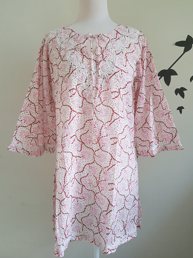 Baby Pink Bell Sleeves Hand Block Print Tunic with Hand Embroidery