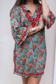 Aqua Bell Sleeves Hand Block Print Tunic with Hand Embroidery