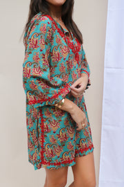 Aqua Bell Sleeves Hand Block Print Tunic with Hand Embroidery