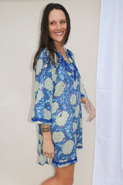 Big Floral Bell Sleeves Hand Block Print Tunic with Hand Embroidery