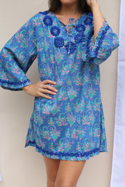 Blue Bell Sleeves Block Print Tunic with Hand Embroidery