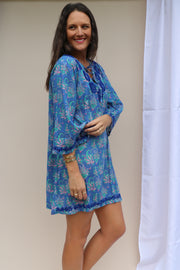 Blue Bell Sleeves Block Print Tunic with Hand Embroidery