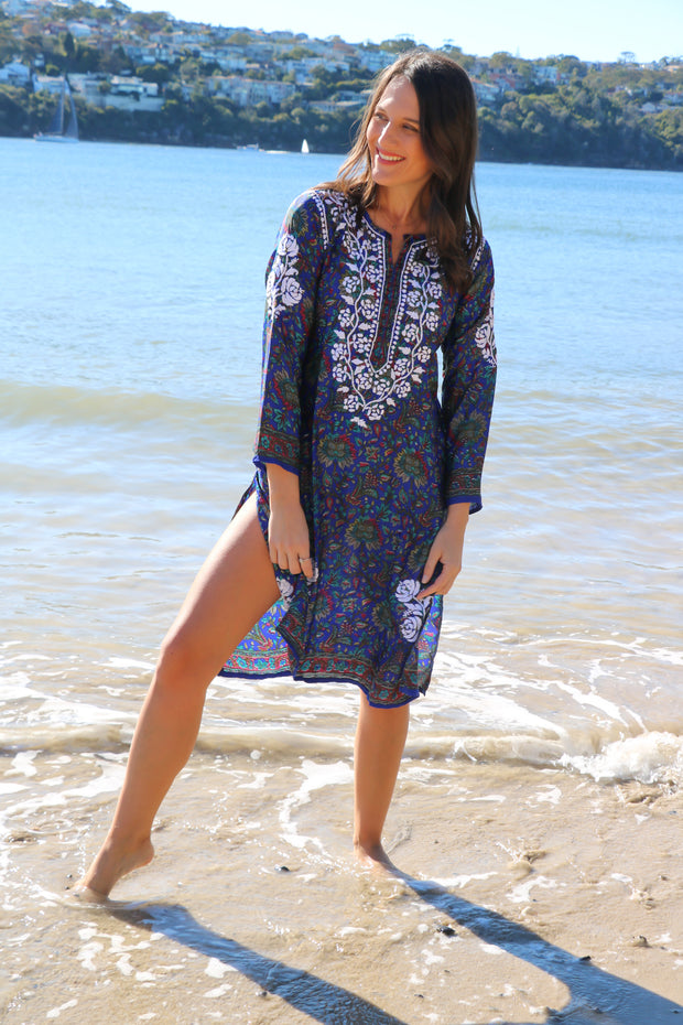 Blue Crepe Silk Hand Embroidered Tunic