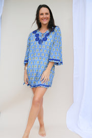 Blue Butta Bell Sleeves Hand Block Print Tunic with Hand Embroidery