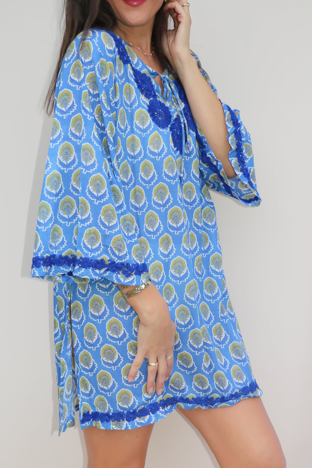 Blue Butta Bell Sleeves Hand Block Print Tunic with Hand Embroidery