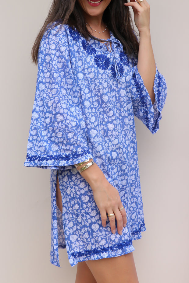 Blus Lotus Bell Sleeves Hand Block Print Tunic with Hand Embroidery