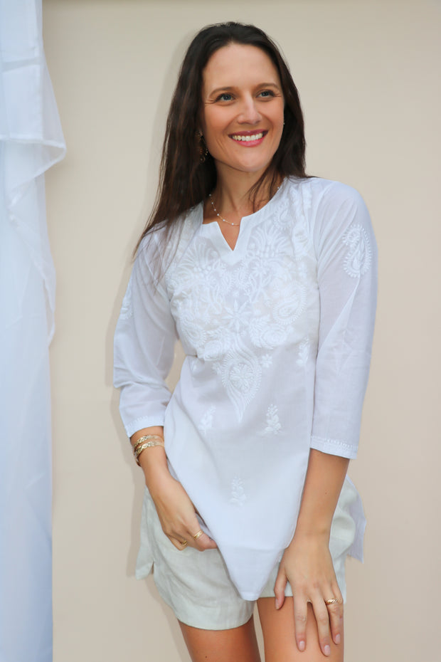 Flora - White Cotton Top With hand Embroidery