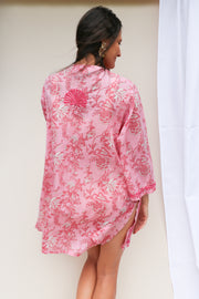 Floral Pink Bell Sleeves Hand Block Print Tunic with Hand Embroidery