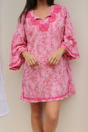 Floral Pink Bell Sleeves Hand Block Print Tunic with Hand Embroidery