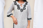 Gray Bell Sleeves Hand Block Print Tunic with Hand Embroidery