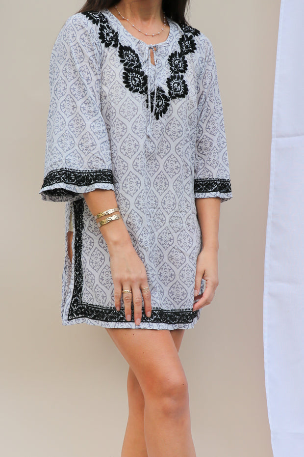 Gray Bell Sleeves Hand Block Print Tunic with Hand Embroidery