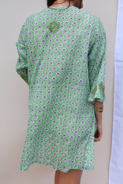 Green Bell Sleeves Hand Block Print Tunic with Hand Embroidery