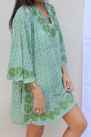 Green Bell Sleeves Hand Block Print Tunic with Hand Embroidery