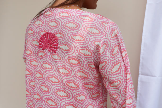 Pink Bell Sleeves Hand Block Print Tunic with Hand Embroidery
