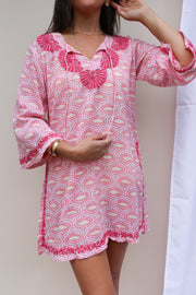 Pink Bell Sleeves Hand Block Print Tunic with Hand Embroidery