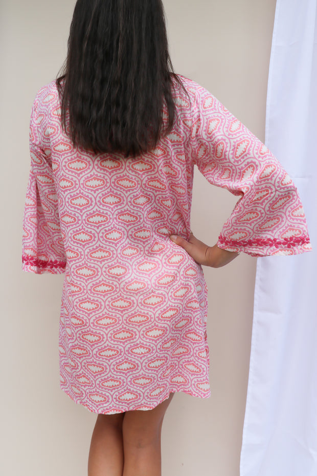 Pink Bell Sleeves Hand Block Print Tunic with Hand Embroidery