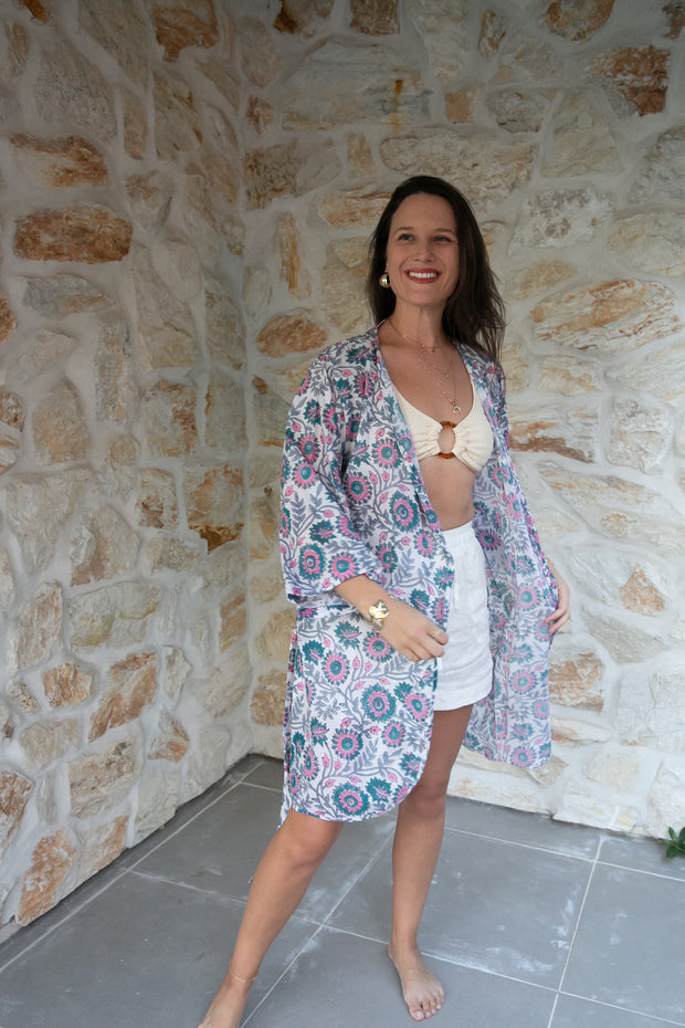 Pink Floral Short Kimono Robe