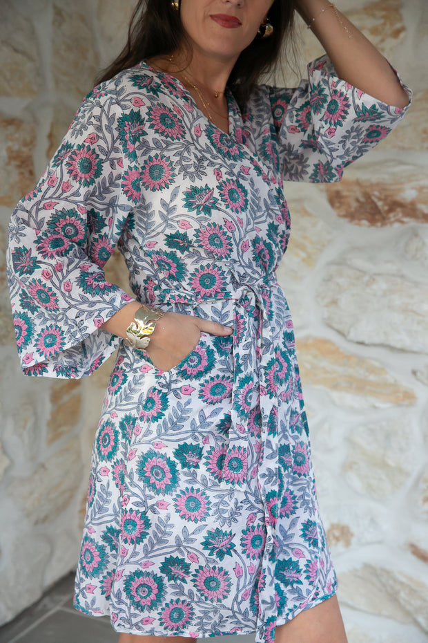 Pink Floral Short Kimono Robe