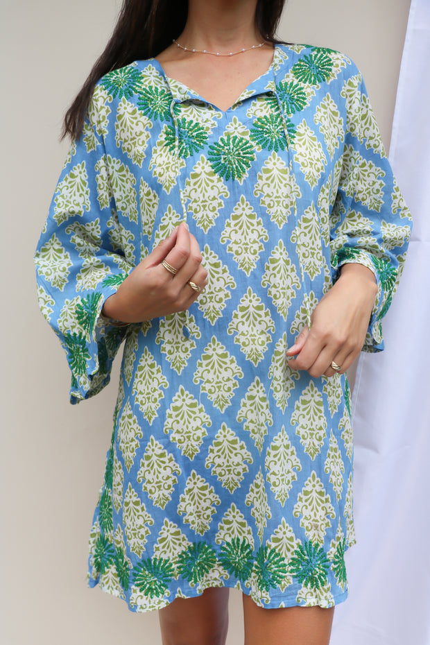 Sky Blue Bell Sleeves Hand Block Print Tunic with Hand Embroidery