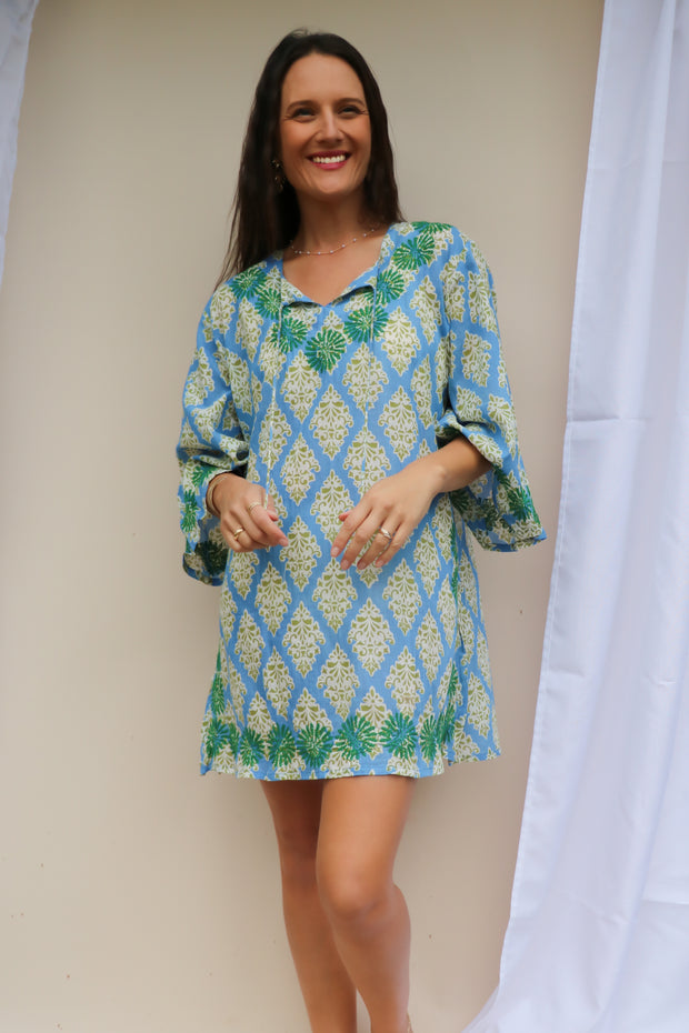 Sky Blue Bell Sleeves Hand Block Print Tunic with Hand Embroidery