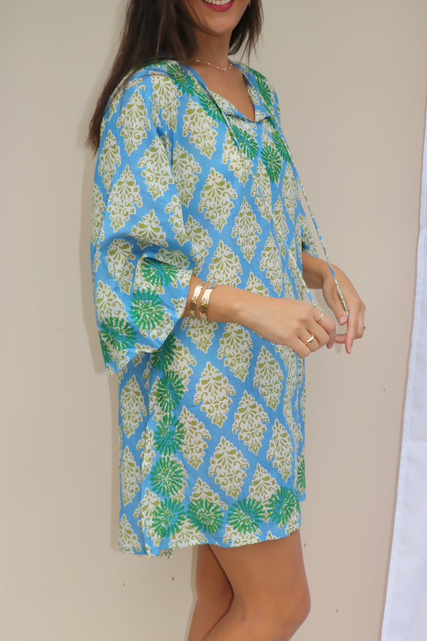 Sky Blue Bell Sleeves Hand Block Print Tunic with Hand Embroidery