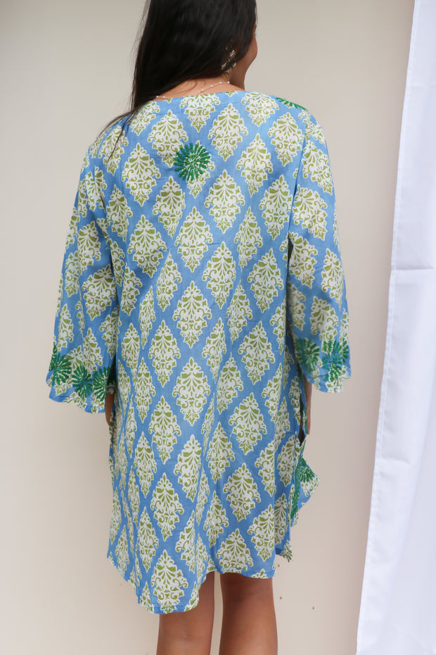 Sky Blue Bell Sleeves Hand Block Print Tunic with Hand Embroidery