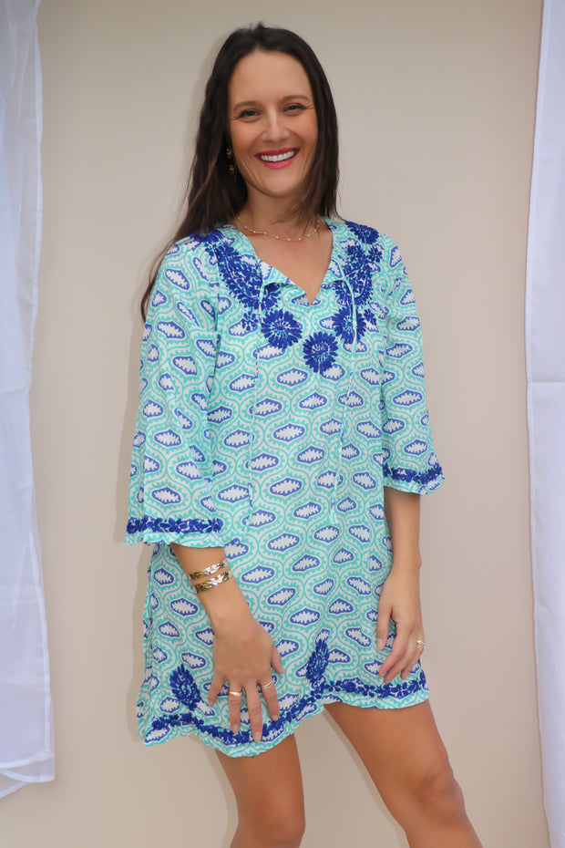 Turquoise Bell Sleeves Hand Block Print Tunic with Hand Embroidery