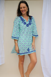 Turquoise Bell Sleeves Hand Block Print Tunic with Hand Embroidery