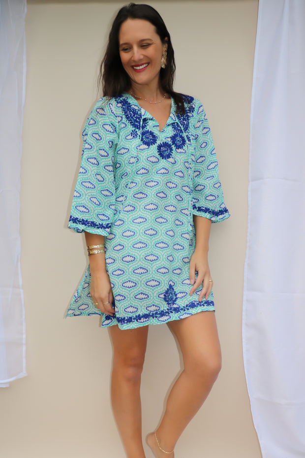 Turquoise Bell Sleeves Hand Block Print Tunic with Hand Embroidery