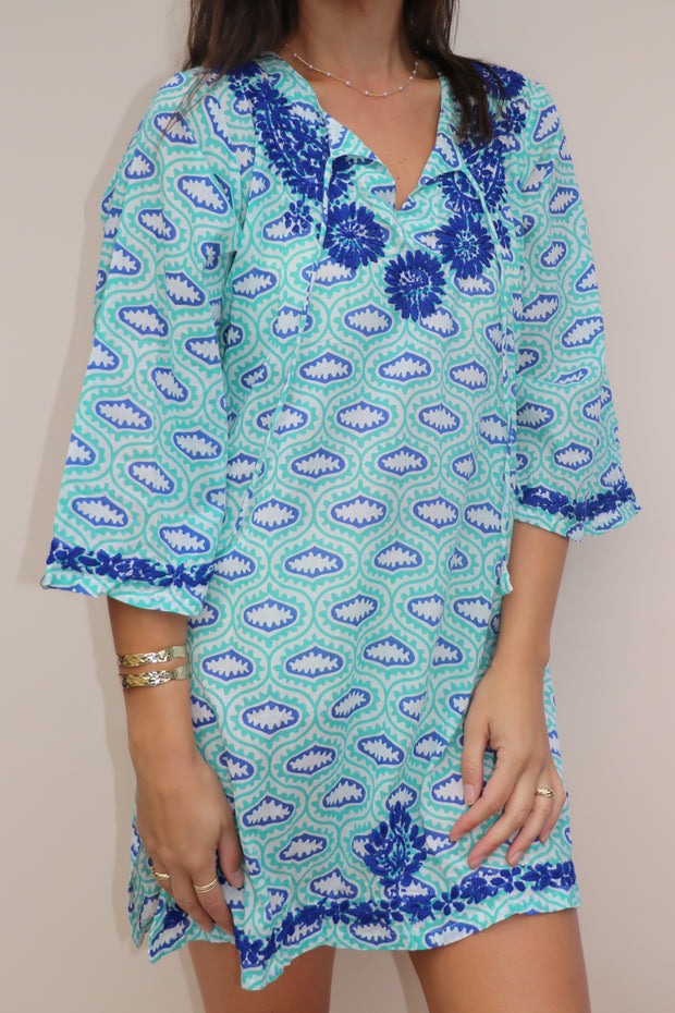 Turquoise Bell Sleeves Hand Block Print Tunic with Hand Embroidery