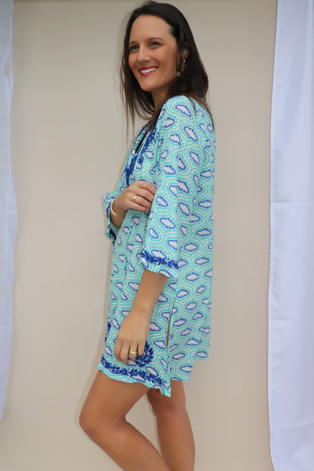 Turquoise Bell Sleeves Hand Block Print Tunic with Hand Embroidery