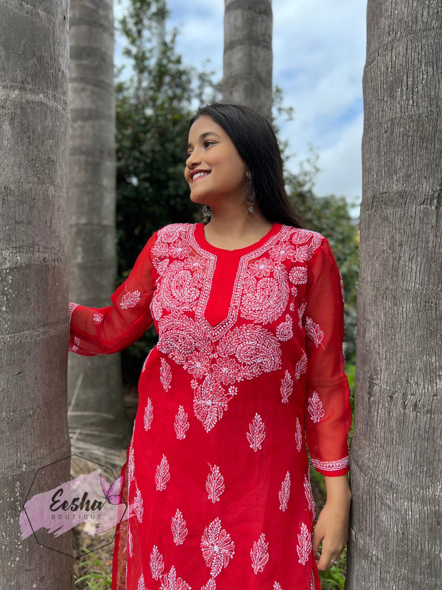Red Daman Hand Embroidered Georgette Long Kurta
