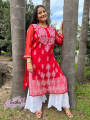 Red Daman Hand Embroidered Georgette Long Kurta