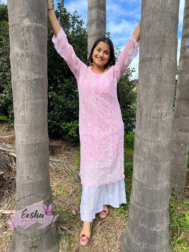Pink Jall Hand Embroidered Georgette Long Kurta