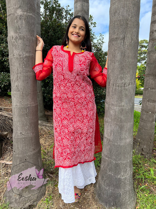 Red Jall Hand Embroidered Georgette Long Kurta
