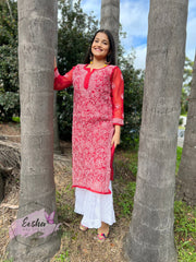 Red Jall Hand Embroidered Georgette Long Kurta